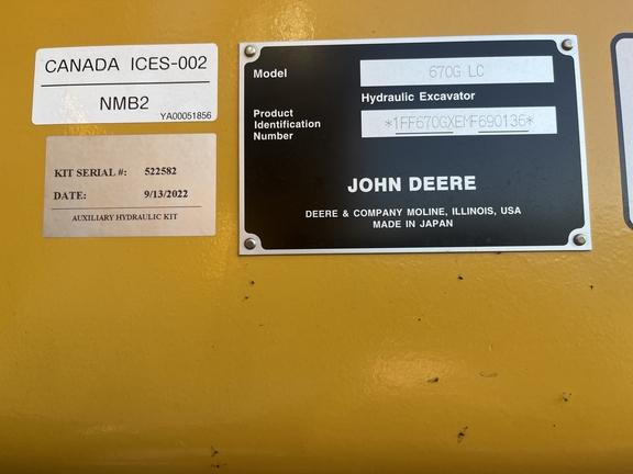 2022 John Deere 670G Excavator; Cab w/ AC; Medium Arm; Standard Boom; Standard Track; 36" Pads; Coupler; 72" Bucket
