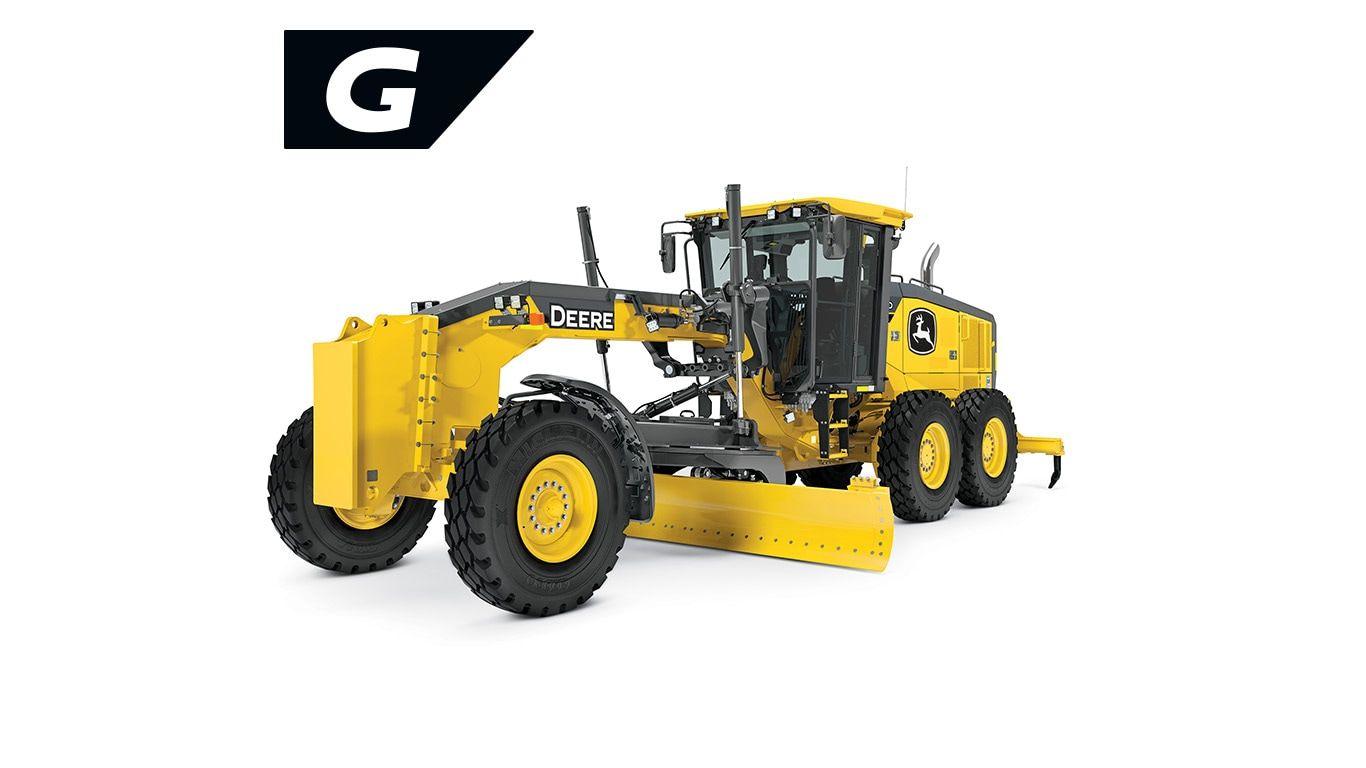 Yellow John Deere motor grader with six large tires and front blade for road grading.