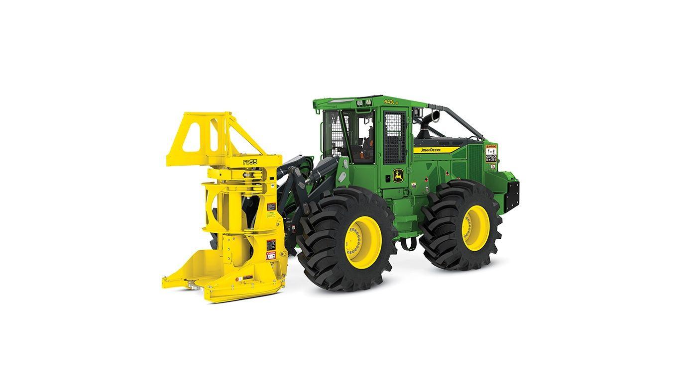643L III Wheeled Feller Buncher with white background.